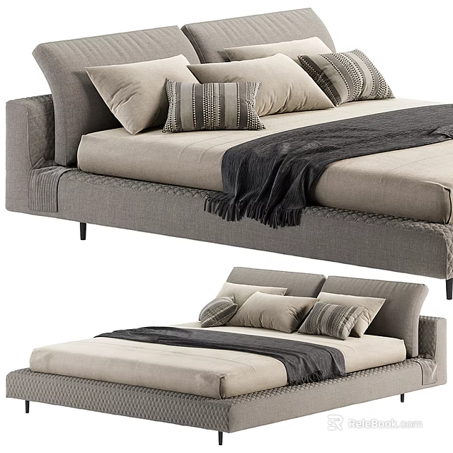 Modern Double Bed Design With Light Gray Upholstery Pillows And Throw Blanket 3d model