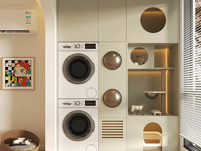 Stacked Washing Machines in Modern White Cabinet with Circular Storage Design 3d model