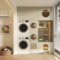 Stacked Washing Machines in Modern White Cabinet with Circular Storage Design