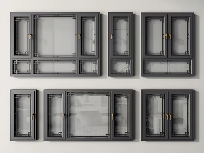 Different Styles Of Dark Casement Windows With Glass Panes And Metal Handles 3d model