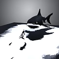 Large Black Shark With Open Mouth And Sharp Teeth Near Small Fish On Water Surface