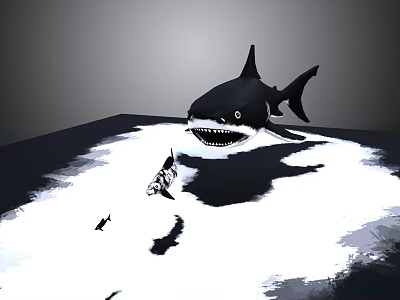 Large Black Shark With Open Mouth And Sharp Teeth Near Small Fish On Water Surface 3d model