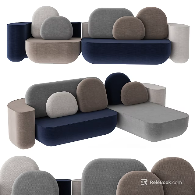 Modern Modular Sectional Sofa Set With Navy Blue Grey Beige Round Cushions For Living Room 3d model 