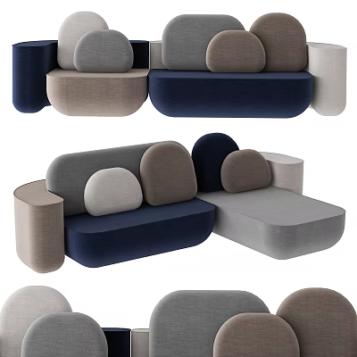Modern Modular Sectional Sofa Set With Navy Blue Grey Beige Round Cushions For Living Room 3d model