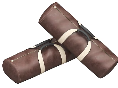 Brown Leather Cylindrical Duffel Bags With White Straps And Black Handles 3d model
