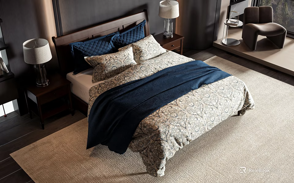 Stylish Double Bed Featuring Wooden Headboard Blue Blanket Patterned Bedspread Pillows And Nightstand Lamp 3d model 