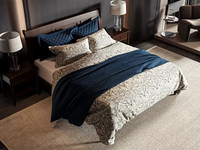 Stylish Double Bed Featuring Wooden Headboard Blue Blanket Patterned Bedspread Pillows And Nightstand Lamp 3d model