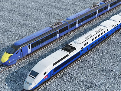 Two Modern High-Speed Trains With Distinct Color Front Designs On Rail Tracks With Gravel Bed 3d model