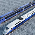 Two Modern High-Speed Trains With Distinct Color Front Designs On Rail Tracks With Gravel Bed