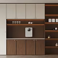 Modern Storage Cabinetry Interior Design With Water Dispenser Wooden White Shelves And Cups Jars