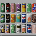 Variety of Branded Beverage Cans with Different Flavors on