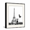 Black and White Landscape Painting of Eiffel Tower with Woman Holding Balloons