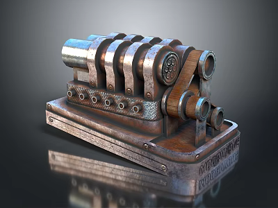 Vintage Metal Mechanical Apparatus With Intricate Gears Cylinders And Wooden Base 3d model