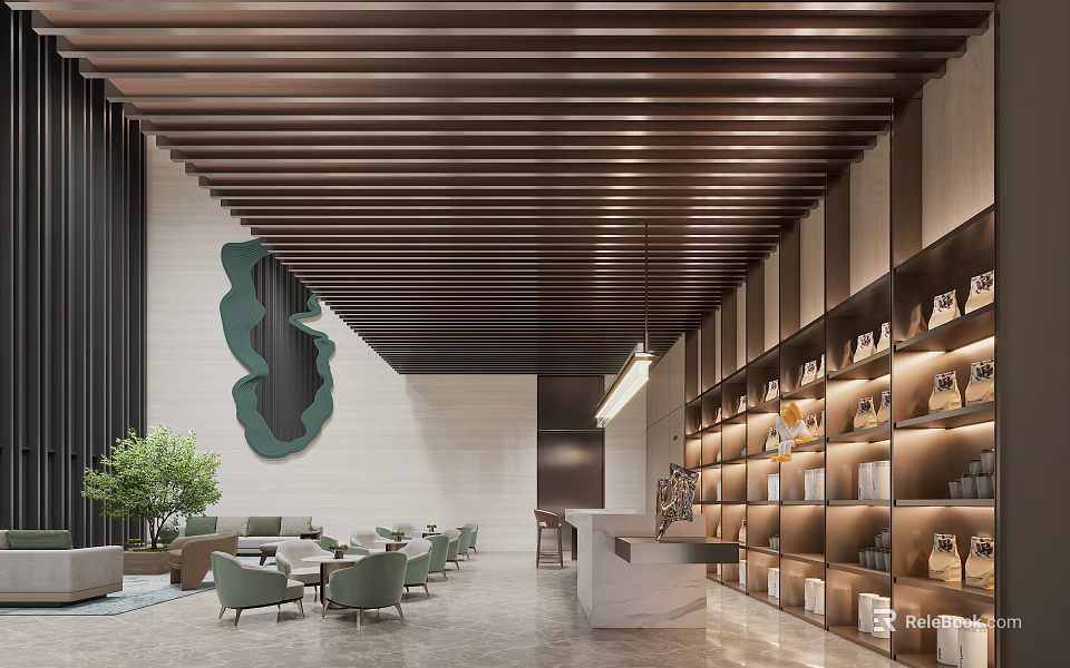 Modern Luxury Hotel Lobby Interior With Wooden Ceiling Green Plants Sofas Bookshelves And Reception Desk 3d model 