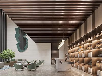 Modern Luxury Hotel Lobby Interior With Wooden Ceiling Green Plants Sofas Bookshelves And Reception Desk 3d model