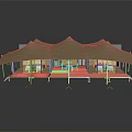 Spacious Beige Canvas Tent With Multiple Peaked Roofs Elevated Wooden Platform and Open Interior Space
