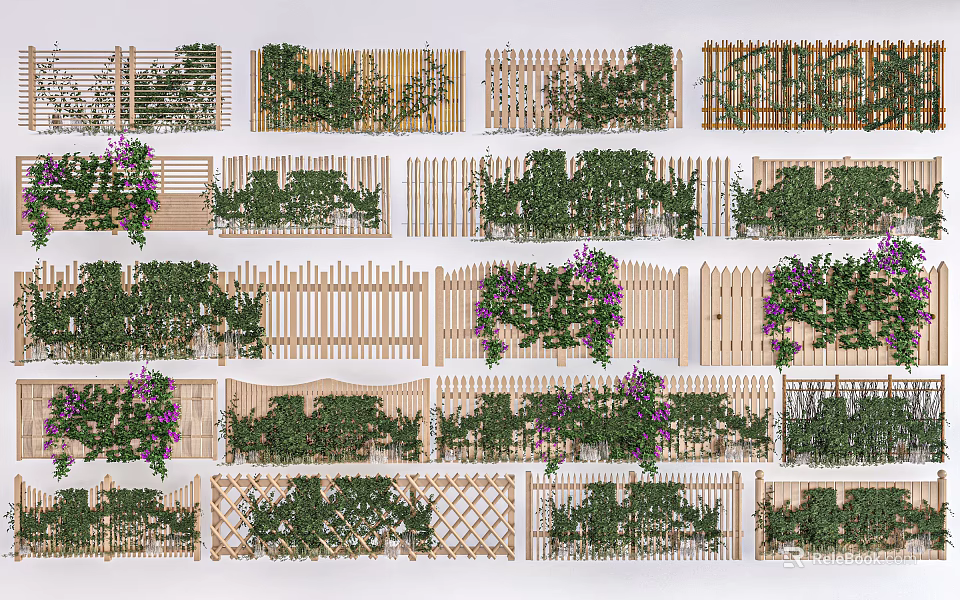 Various Decorative Wooden Fences With Green Vines And Diverse Designs 3d model 