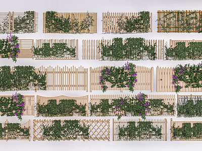 Various Decorative Wooden Fences With Green Vines And Diverse Designs 3d model