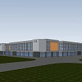 Modern Office Building C-11 with Gray Orange Facade Large Windows Lawn and Road Front