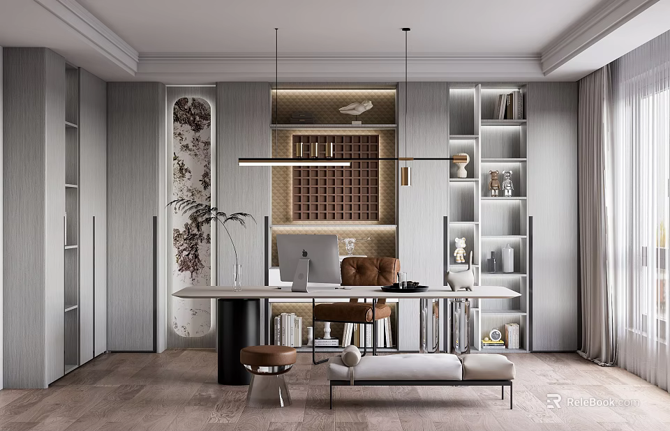 Modern Minimalist Study Room Interior Design With Wooden Desk Bookshelves And Pendant Lights 3d model 
