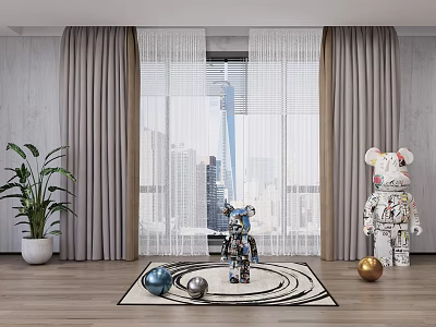 Gray Curtains and Sheer Panels in Modern Room with City View Plant and Robot Decor 3d model