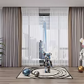Gray Curtains and Sheer Panels in Modern Room with City View Plant and Robot Decor