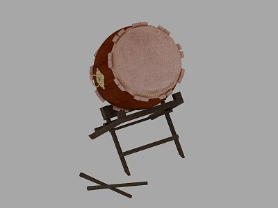 Classic Traditional Drum on Wooden Stand with Drumsticks 3d model