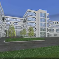 Modern Hospital Building Exterior At Night With Illumination Circular Windows Parking Lot And Green Plants