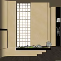 Modern Entryway Hallway Design With Lattice Partition Green Plants Decorative Stones And Round Lamp