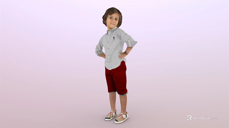 Child in Light Blue Shirt Red Shorts Standing with Hands on Hips Light Pink Background 3d model 