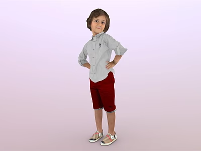 Child in Light Blue Shirt Red Shorts Standing with Hands on Hips Light Pink Background 3d model