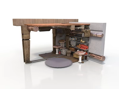 Industrial Scene Construction With Wooden Frame Metal Pipes Gear And Stools 3d model