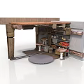 Industrial Scene Construction With Wooden Frame Metal Pipes Gear And Stools