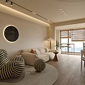 Modern Open Living Dining Space With Wooden Accents Floor to Ceiling Windows And Round Rug
