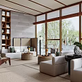 Modern Living Area Interior Design With Large Windows Tree Views Comfortable Sofas And Wooden Bookshelf