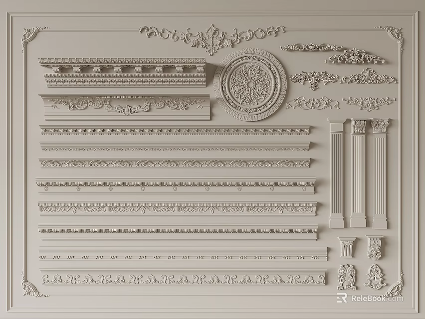 Various Gypsum Cornice Designs With Decorative Panels And Column Elements 3d model 