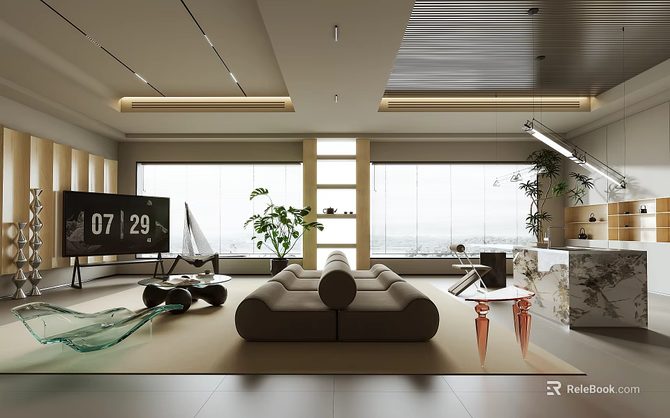 Modern Living And Dining Area Interior Design With Large Windows Sofa Coffee Table And Plants 3d model 