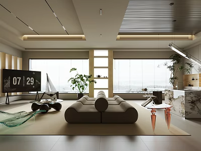 Modern Living And Dining Area Interior Design With Large Windows Sofa Coffee Table And Plants 3d model