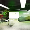 Futuristic Interior Space With Green Lighting Geometric Patterns And White Furniture