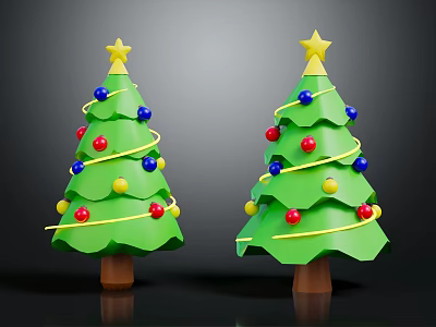 Festive Green Christmas Trees With Yellow Star Tops Colorful Balls And Gold Spiral Ornaments 3d model