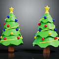 Festive Green Christmas Trees With Yellow Star Tops Colorful Balls And Gold Spiral Ornaments