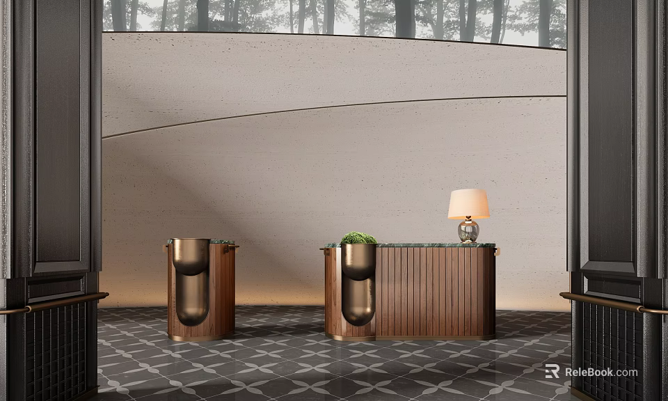Modern Reception Desk With Wooden Body Marble Top Table Lamp And Green Plant 3d model 