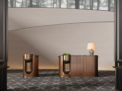 Modern Reception Desk With Wooden Body Marble Top Table Lamp And Green Plant 3d model
