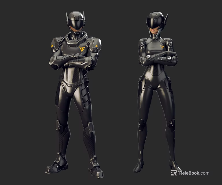 Two Futuristic Sci Fi Game Characters With Black Armored Suits 3d model 