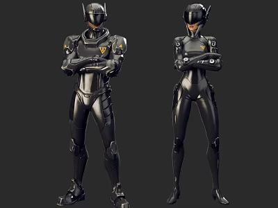 Two Futuristic Sci Fi Game Characters With Black Armored Suits 3d model