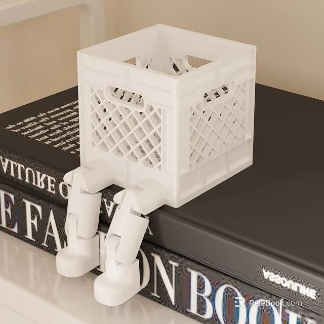 White Grid Design Storage Basket Placed On Black Books With White Small Items 3d model 