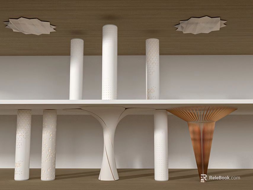 White Patterned Columns With Unique Design And Copper Cone Shaped Supporting White Countertop Under Wooden Ceiling 3d model 