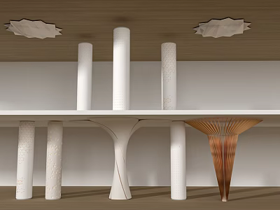 White Patterned Columns With Unique Design And Copper Cone Shaped Supporting White Countertop Under Wooden Ceiling 3d model