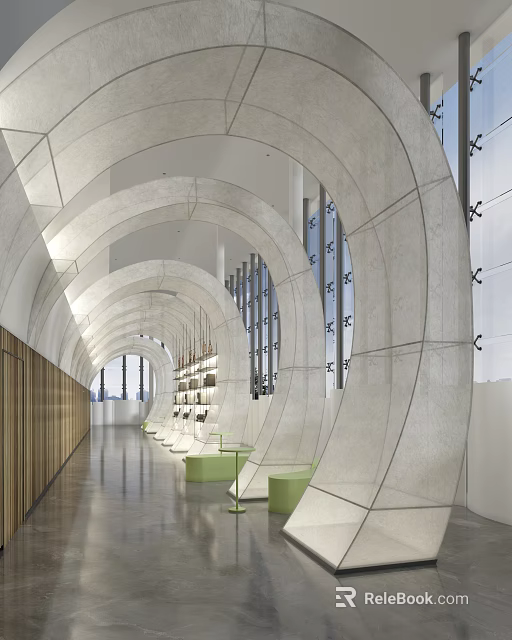 Modern Artistic Office Corridor Interior With Curved Arch Design And Cozy Lounge Seats Beside Windows 3d model 