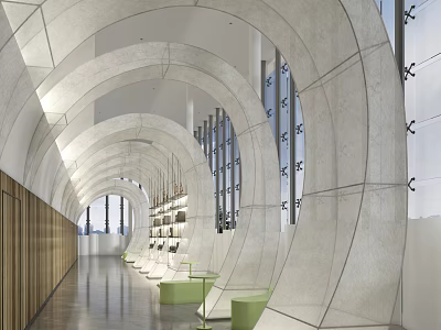 Modern Artistic Office Corridor Interior With Curved Arch Design And Cozy Lounge Seats Beside Windows 3d model